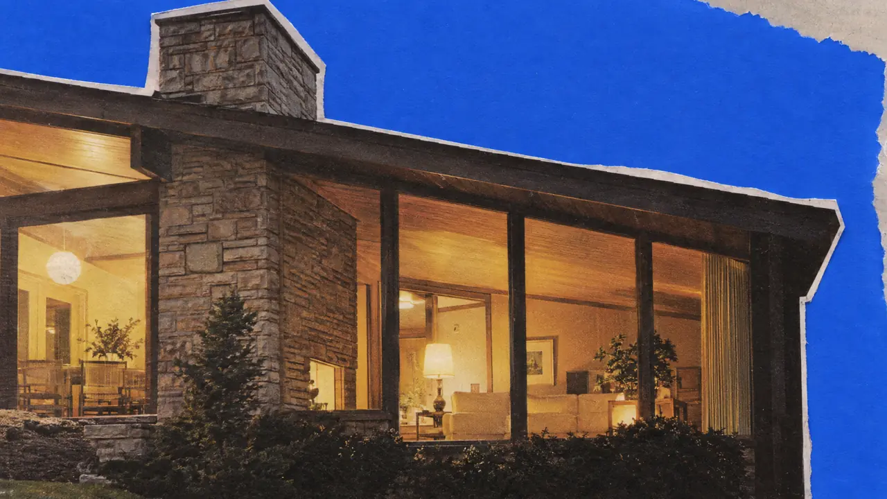 Collage of a black-and-white photo of a house at twilight, the evening sky in torn cobalt blue paper