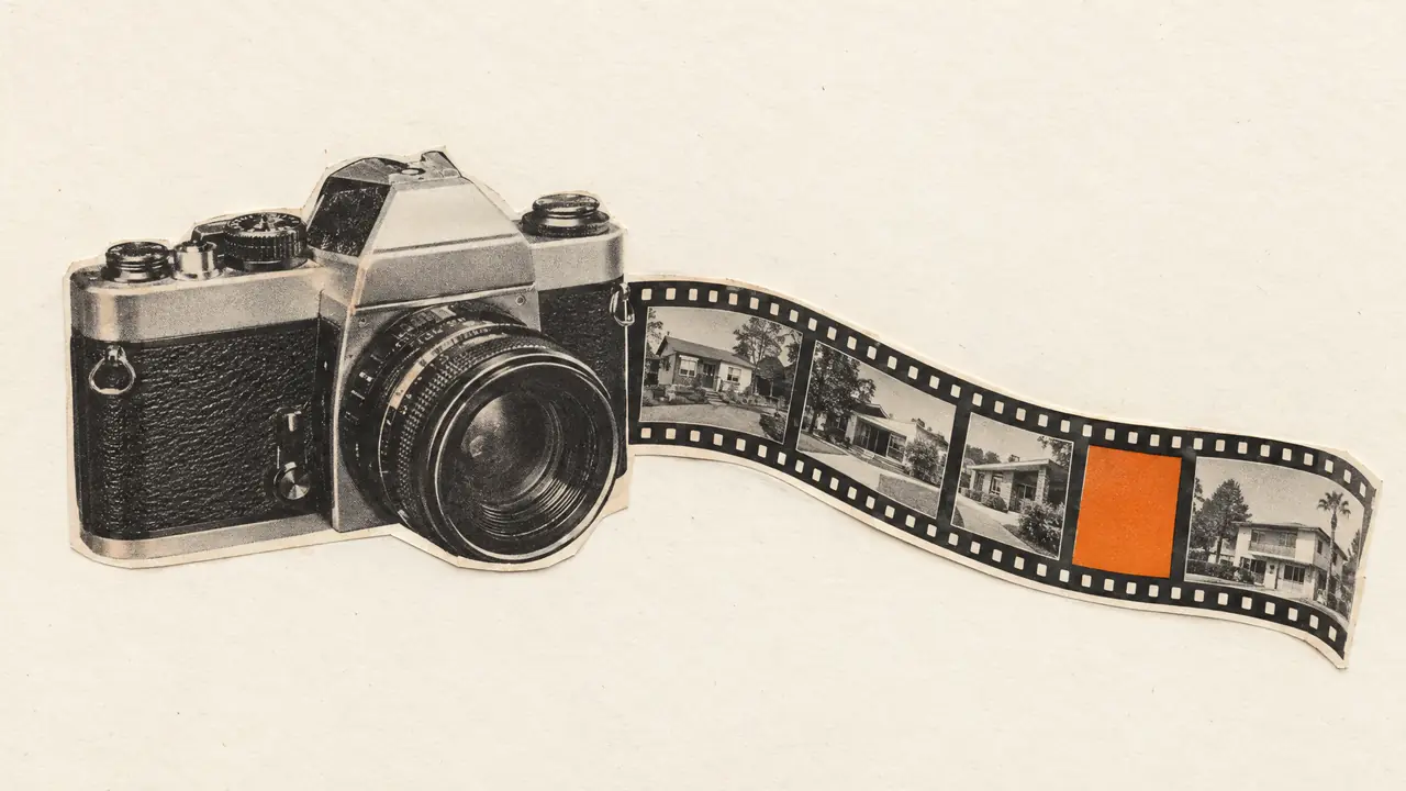 Collage of a vintage film camera with a film strip of tiny house frames unspooling, one frame in orange paper