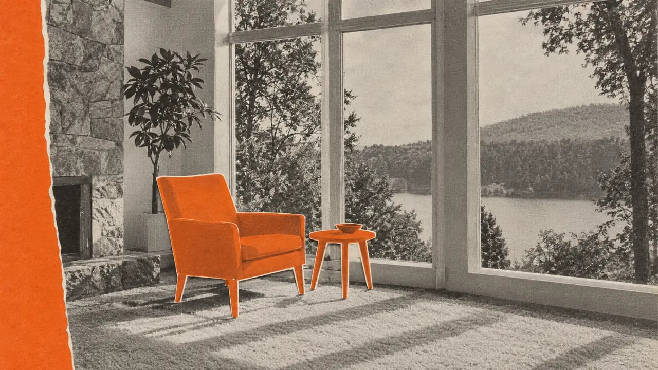 Collage of a black-and-white empty living room with tall windows, an armchair and side table in orange paper