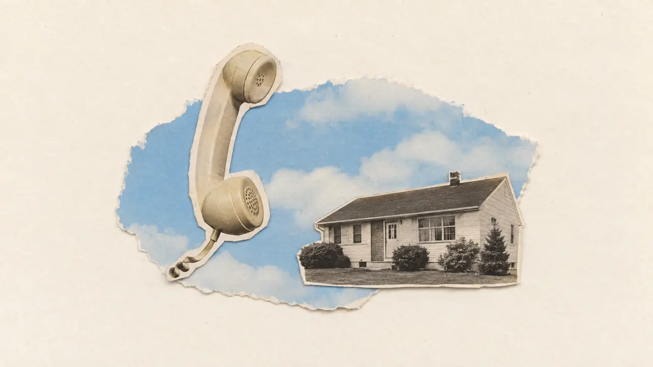 Collage of a vintage beige telephone handset and a small house floating over a torn sky blue page of clouds