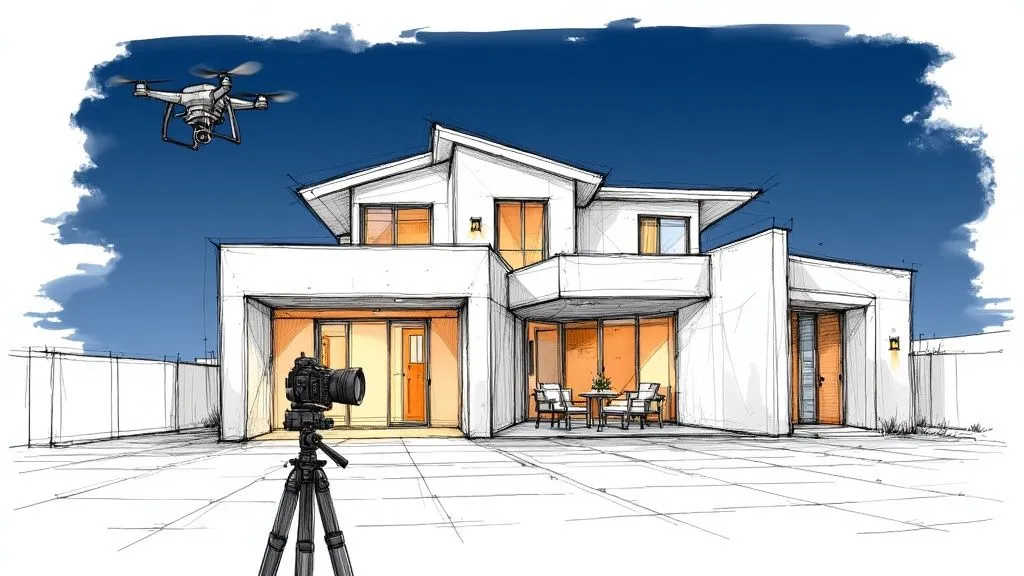 Casa iluminada al atardecer con luces interiores cálidas y cielo azul profundo, ejemplo de fotografía inmobiliaria crepuscular