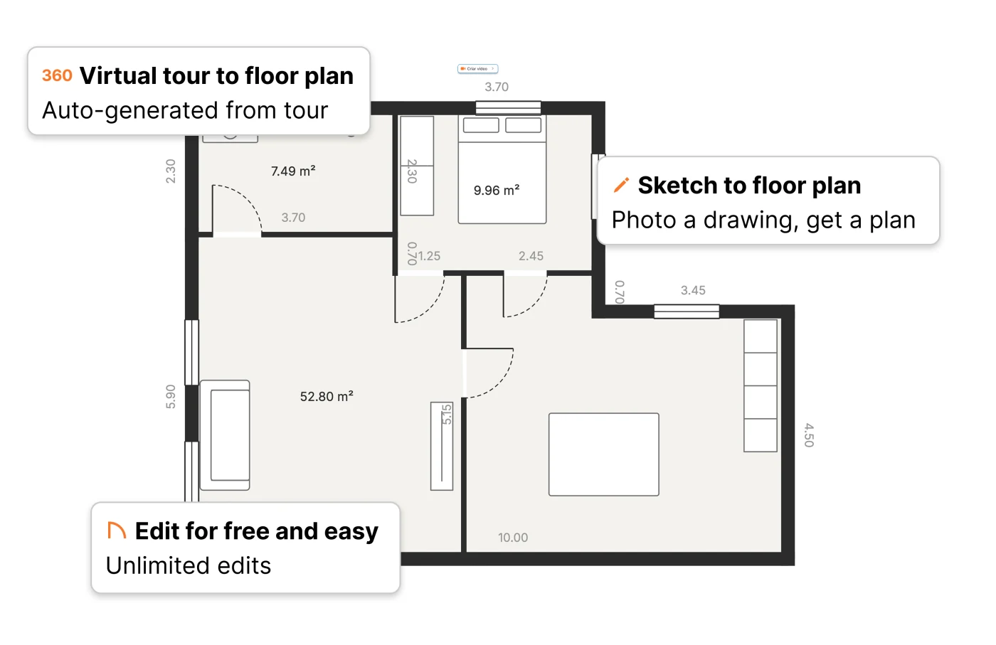 Floor plan generated from a virtual tour or a sketch, fully editable