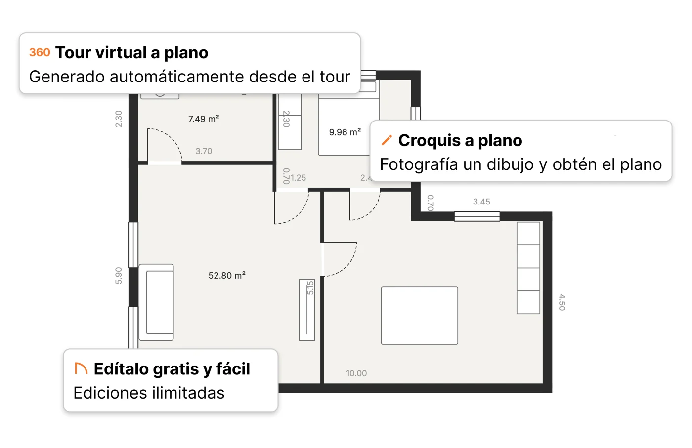 Un plano en Pedra con las superficies de cada estancia y las medidas de los muros, creado desde un tour virtual 360° o un boceto a mano y editable después