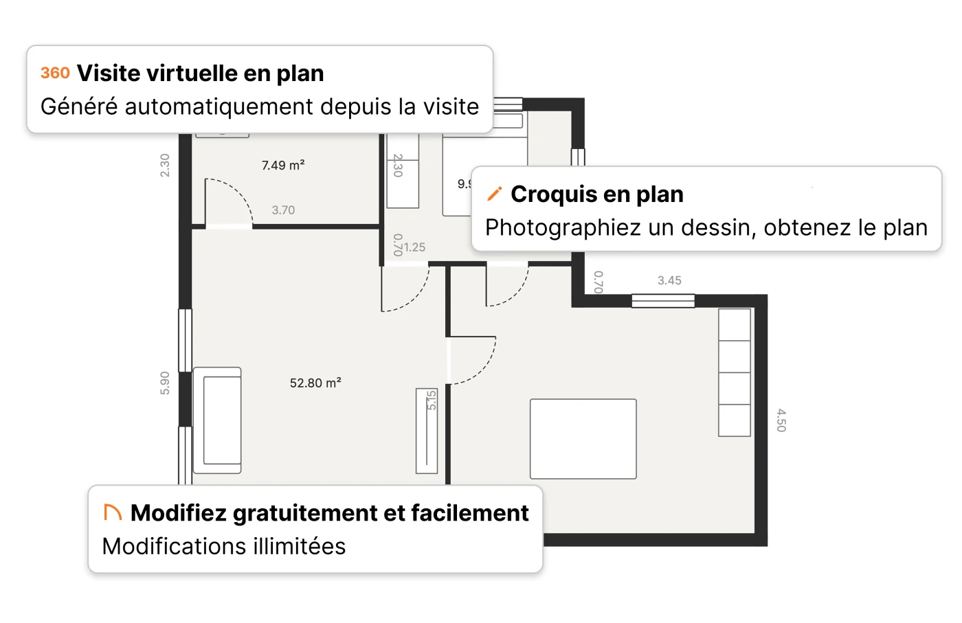Plan généré à partir d'une visite virtuelle ou d'un croquis, entièrement modifiable