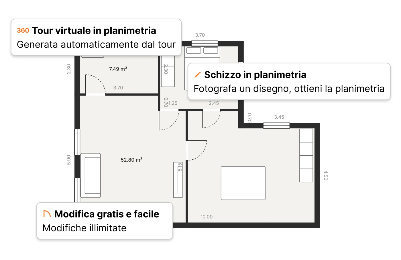 Una planimetria in Pedra con le superfici delle stanze e le misure dei muri, ottenuta da un tour virtuale 360° o da uno schizzo a mano e modificabile dopo