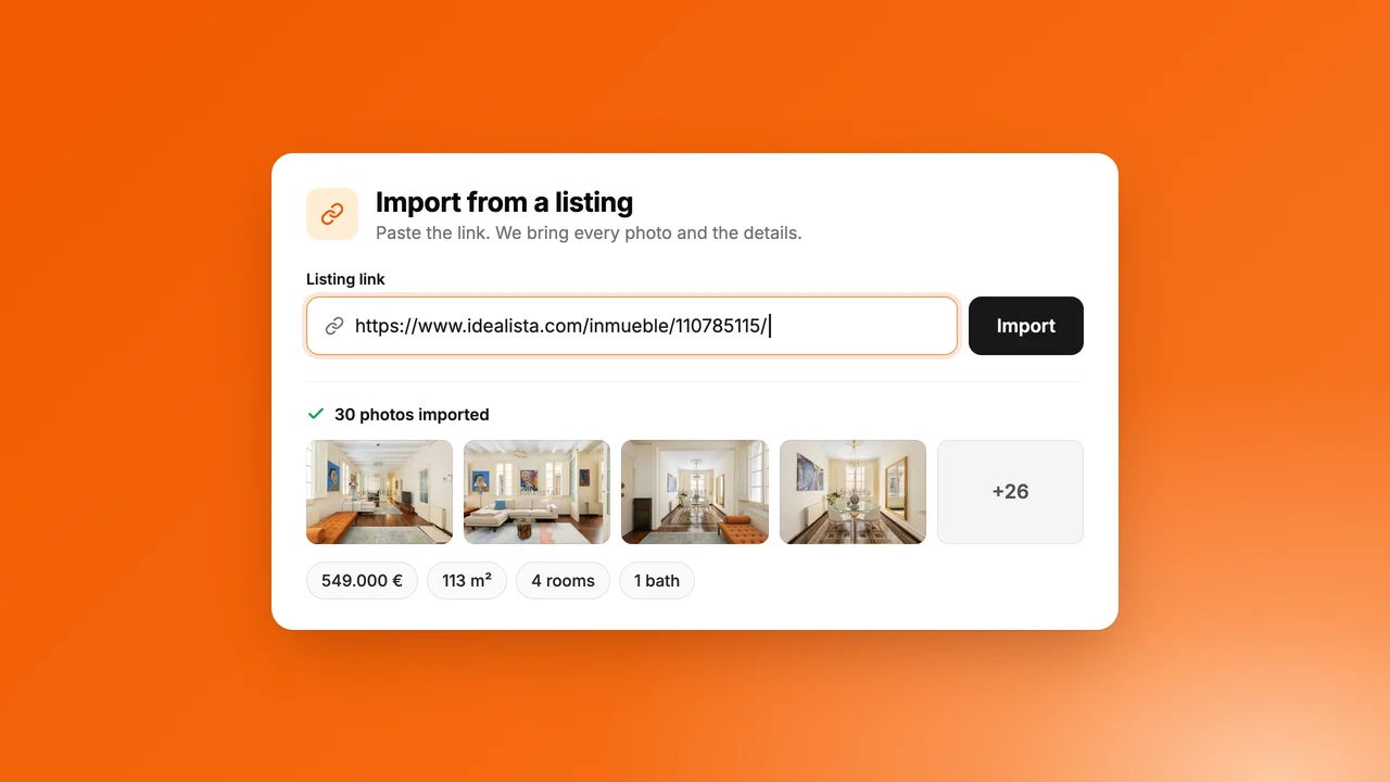 An Idealista link pasted in Pedra, with 30 photos imported and the price, m², rooms and bathrooms filled in