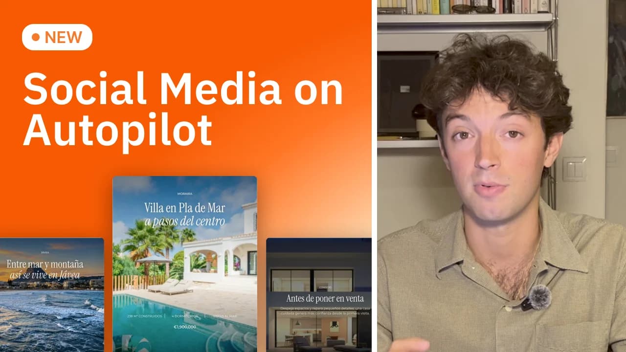 Felix Ingla next to a month of designed real estate posts, for Pedra's social media on autopilot release
