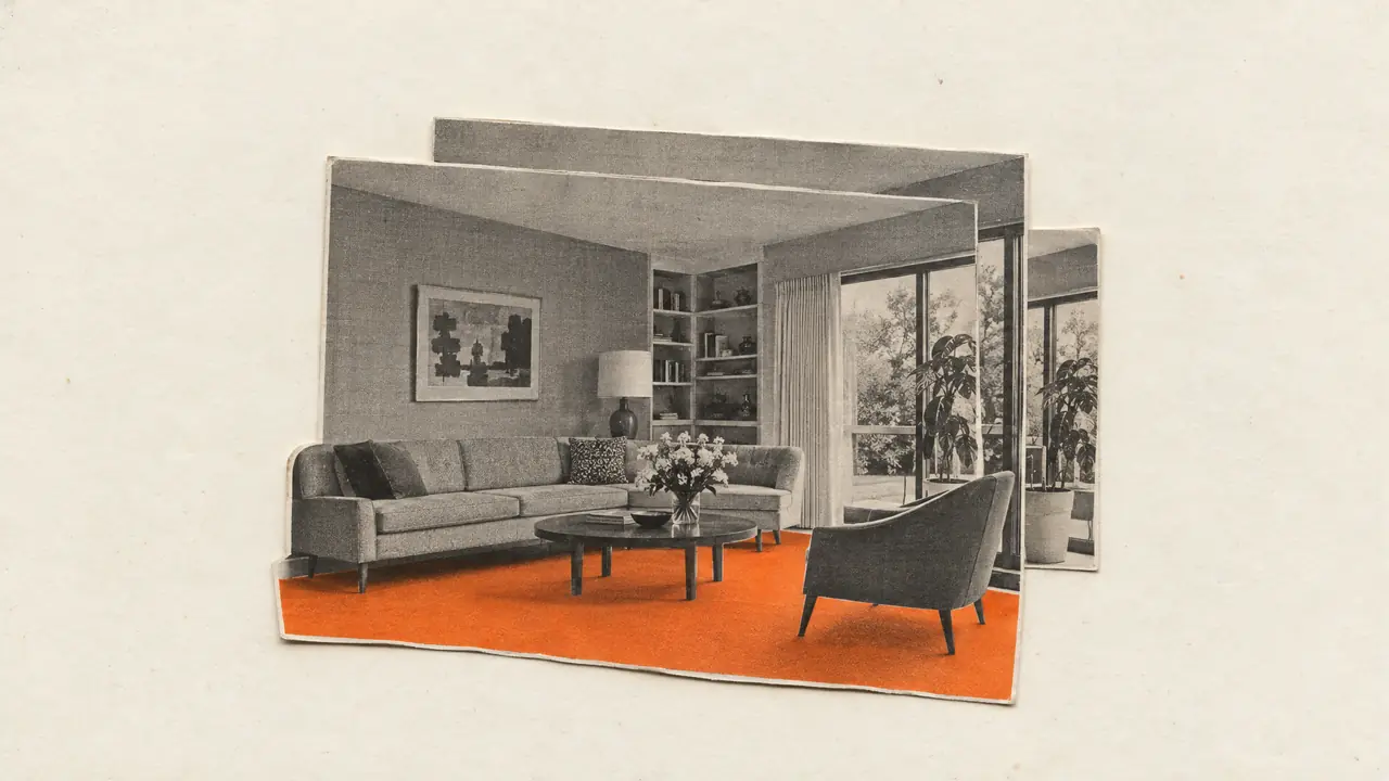 Collage of a vintage black-and-white living room photo layered over an offset copy, its floor cut from orange paper