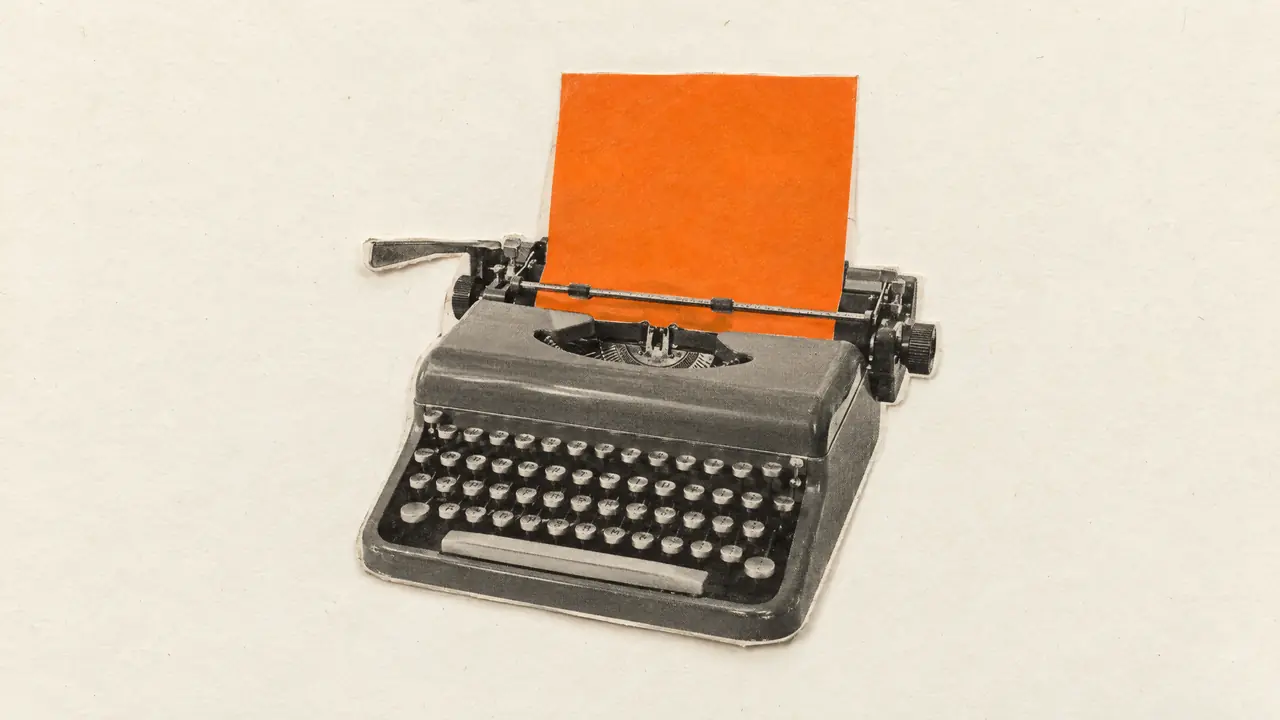 Collage of a vintage magazine photo of a typewriter with a blank sheet of orange paper coming out of it