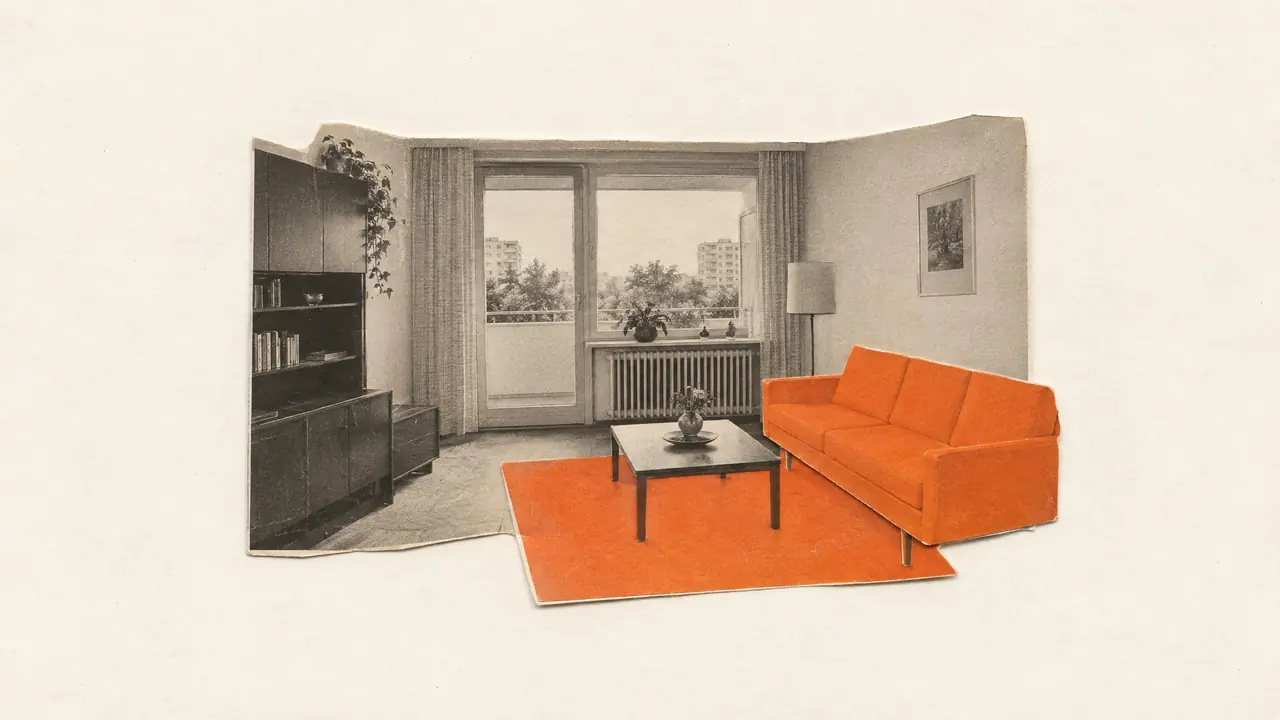 Collage aus einem alten Foto eines schlichten, abgewohnten Wohnzimmers mit neuem Sofa und Teppich aus orangefarbenem Papier