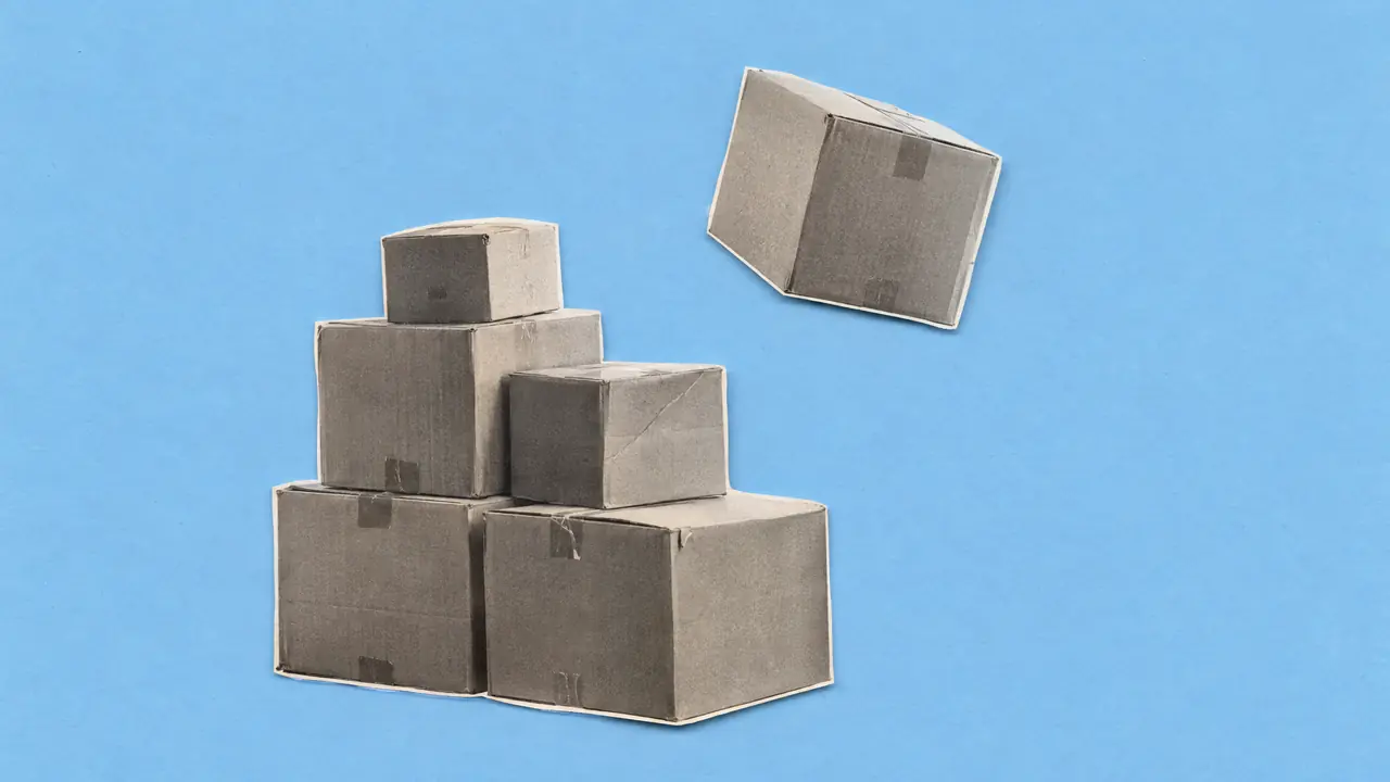 Collage of vintage photos of stacked cardboard moving boxes, one box floating upward, with sky blue paper