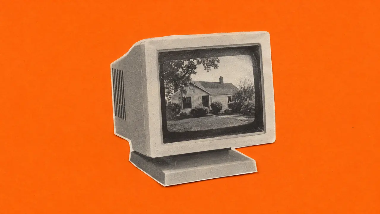 Collage aus einem alten Zeitschriftenfoto eines Röhrenmonitors mit einem Schwarz-Weiß-Hausfoto, mit orangefarbenem Papier