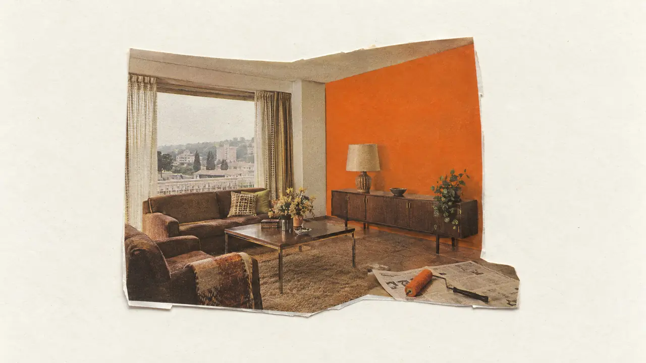 Collage antiguo de un salón anticuado con un rodillo en el suelo y una pared de papel naranja