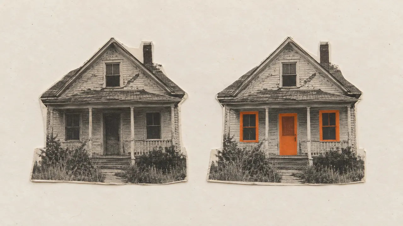Collage de deux photos anciennes de la même maison délabrée, celle de droite avec porte et fenêtres en papier orange