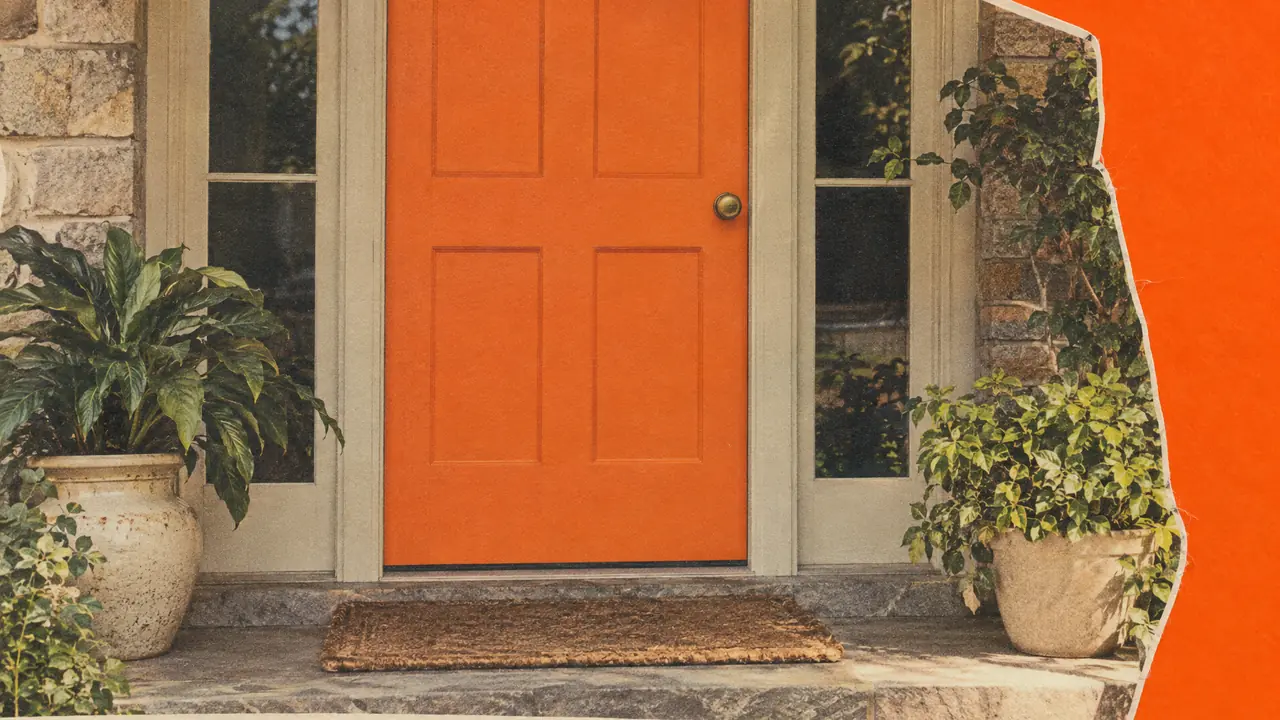 Collage of a black-and-white front door with a doormat and potted plants, the door itself in orange paper
