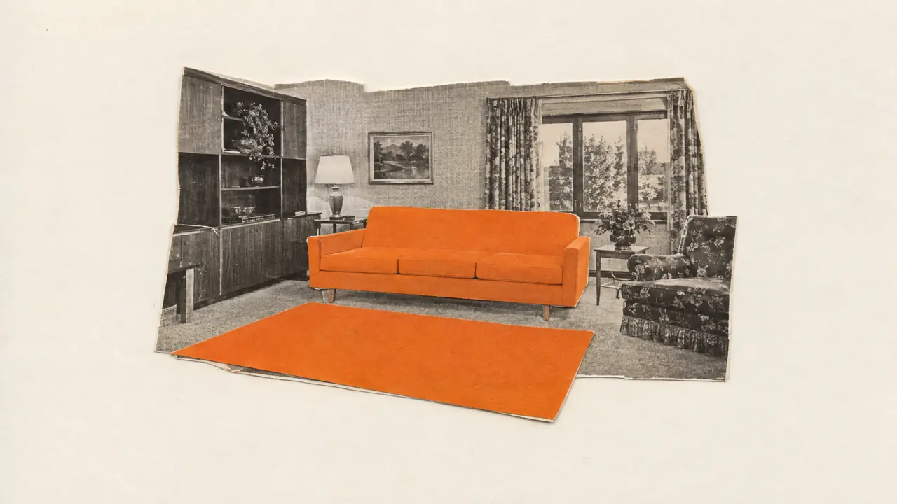 Vintage photo collage of a shabby, dated living room with a new sofa and rug cut from orange paper