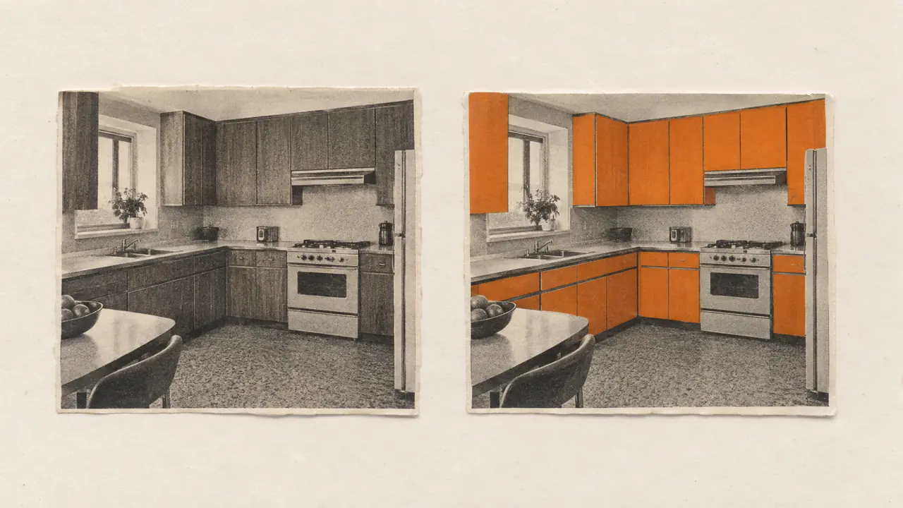 Collage de deux photos anciennes de la même cuisine vieillotte, celle de droite aux placards en papier orange