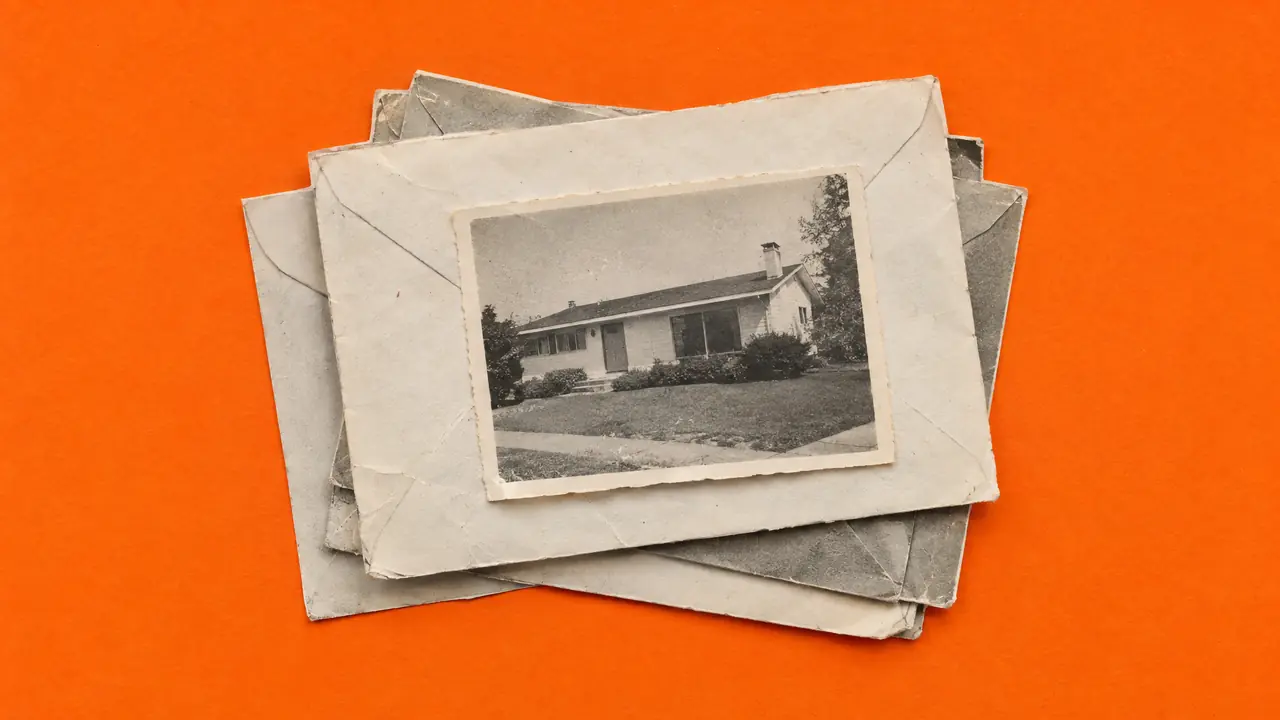 Collage aus einem alten Zeitschriftenfoto eines Stapels Briefumschläge mit einem kleinen Hausfoto, mit orangefarbenem Papier