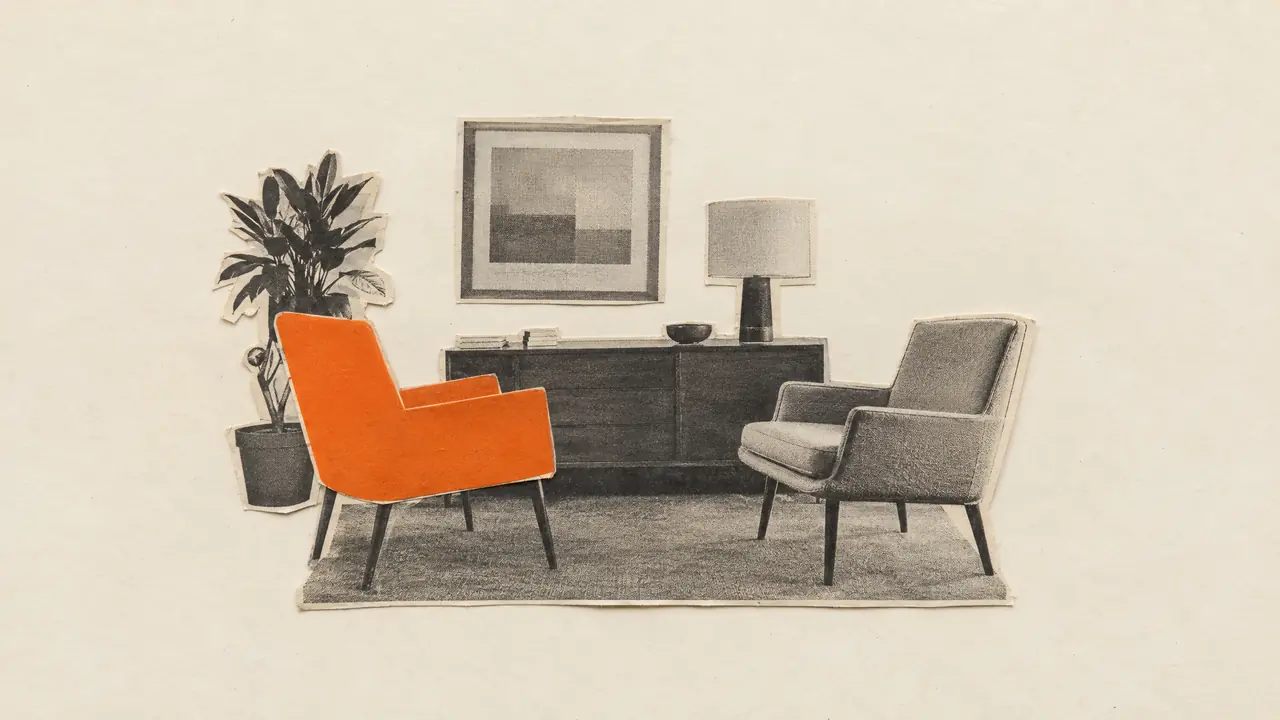 Collage d'une photo ancienne de deux chaises face à face dans un bureau calme, l'une en papier orange