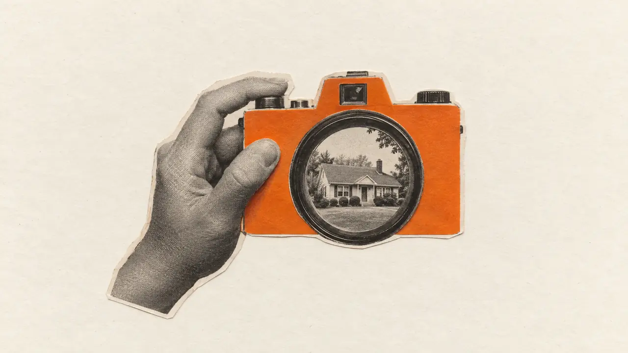 Collage de una foto antigua de una mano que encuadra una casita con una cámara de papel naranja