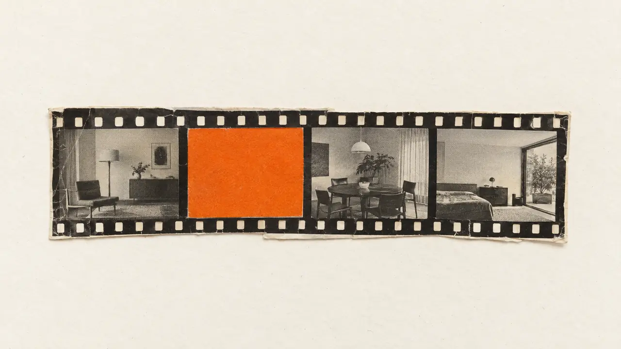 Collage di una striscia di vecchi negativi con fotogrammi di stanze, uno in carta arancione