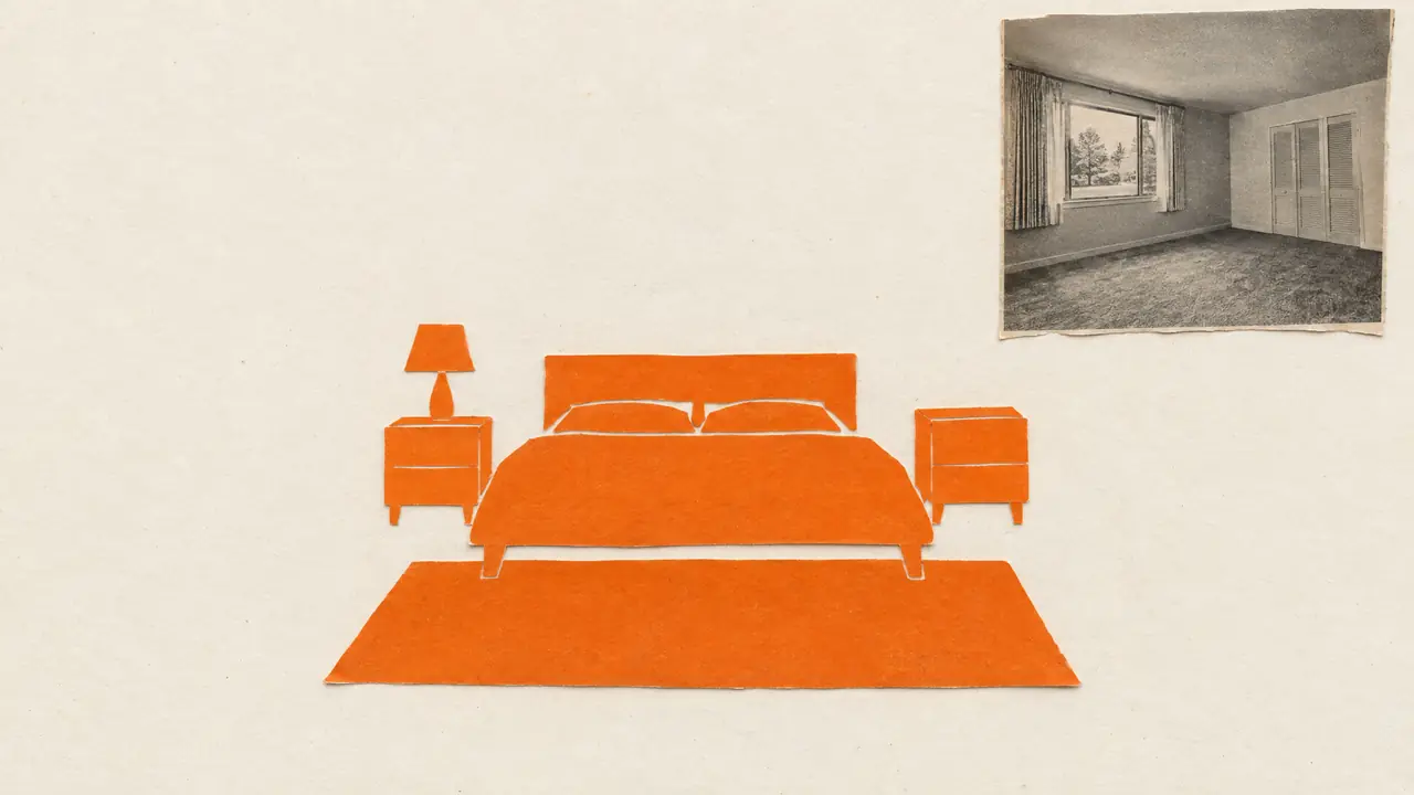 Colagem de uma pequena fotografia de um quarto vazio com cama, mesas de cabeceira, candeeiro e tapete em papel laranja