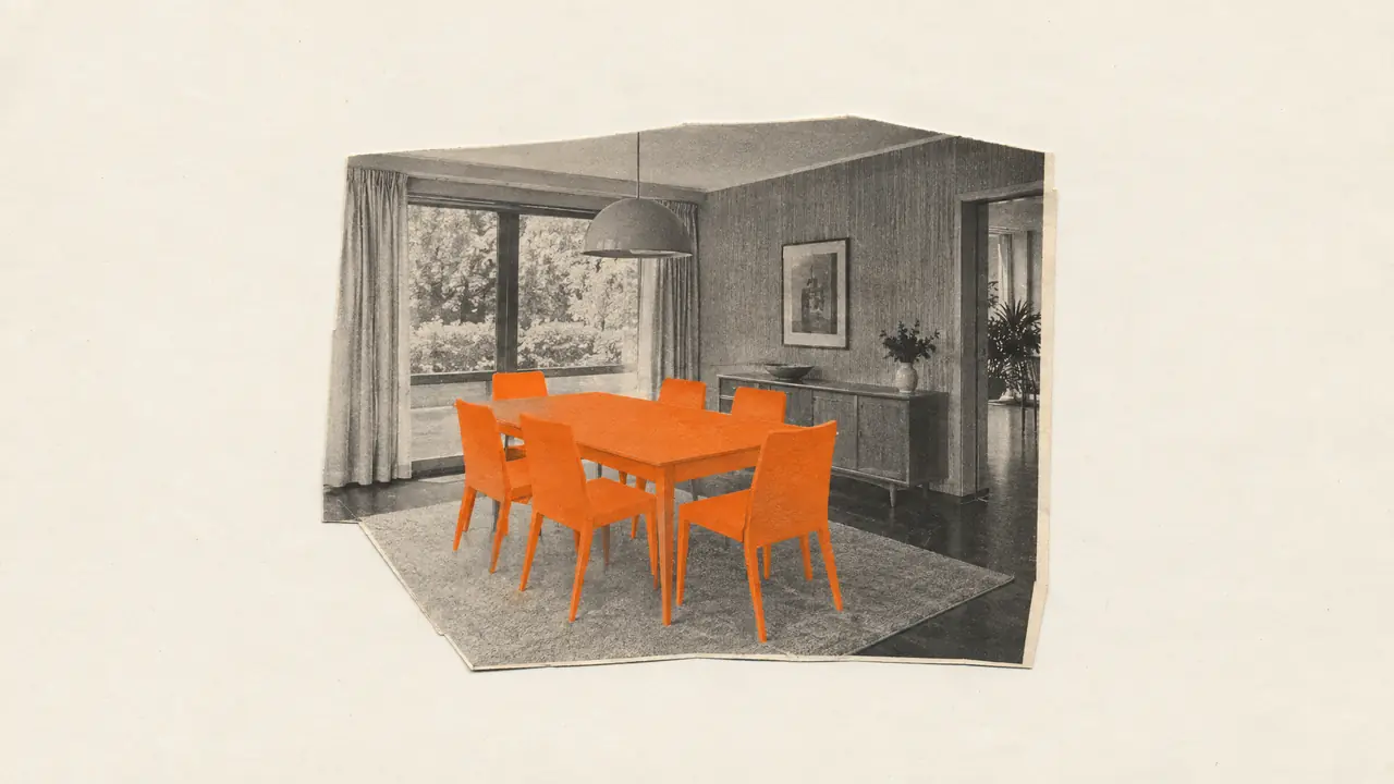 Collage of a vintage photo of an empty dining room with a table and chairs cut from orange paper