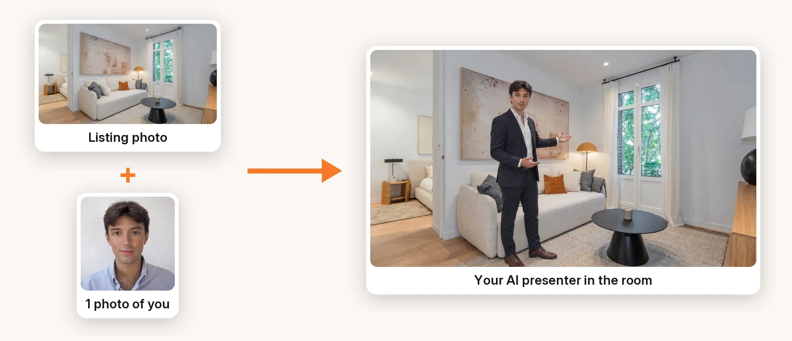A listing photo plus one photo of the agent become an AI presenter standing in the room