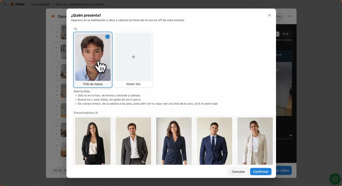 El panel ¿Quién presenta? de Pedra con la foto del agente y los presentadores con IA