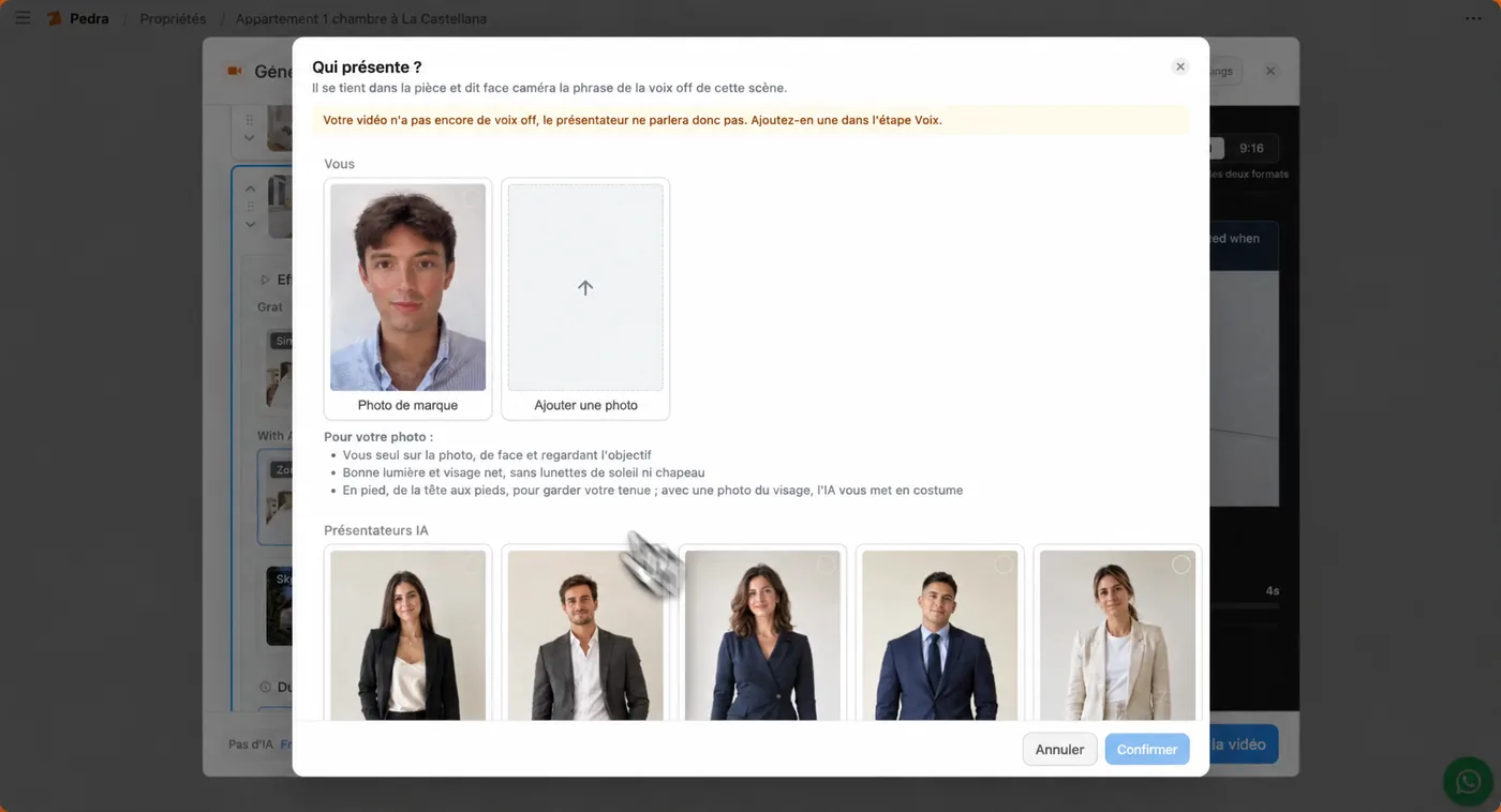 Le panneau Qui présente ? de Pedra avec la photo de l'agent et les présentateurs IA