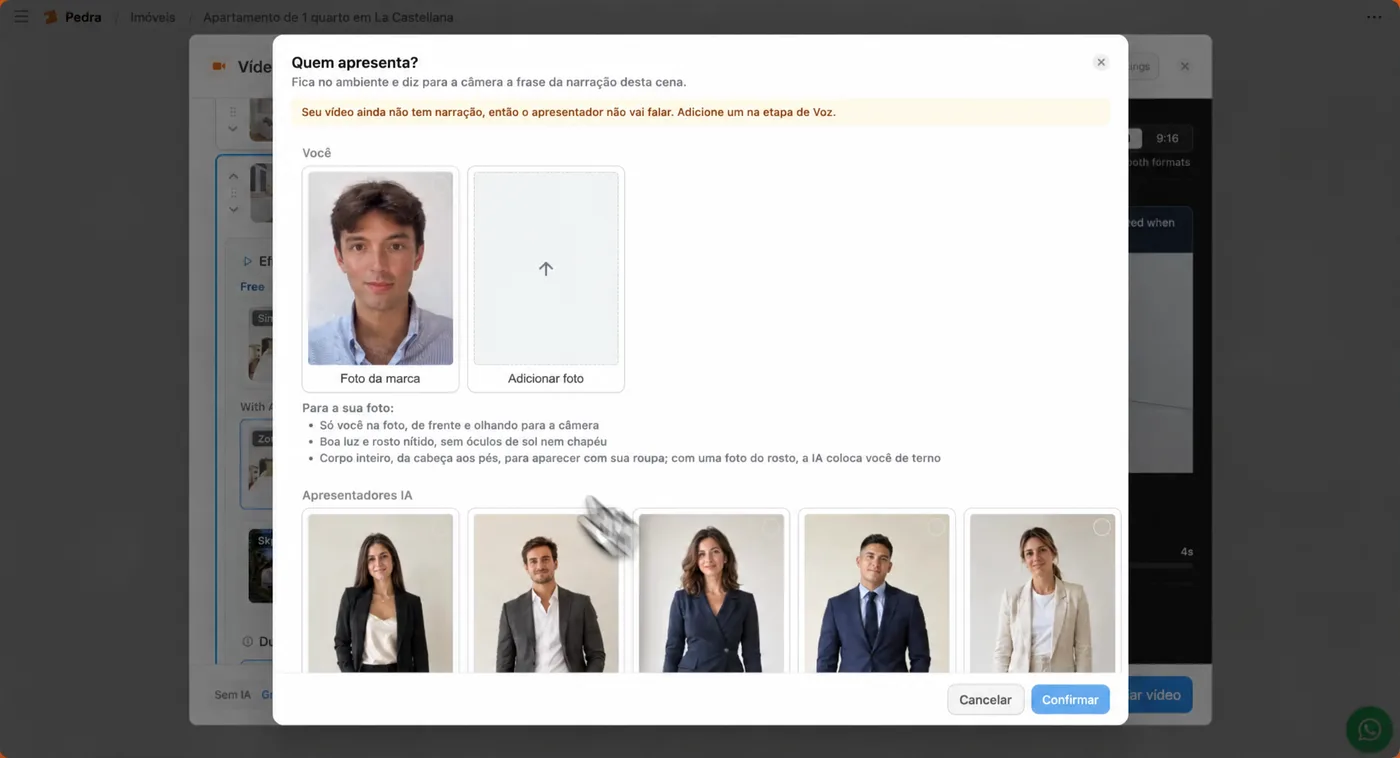 O painel Quem apresenta? do Pedra com a foto do corretor e os apresentadores de IA