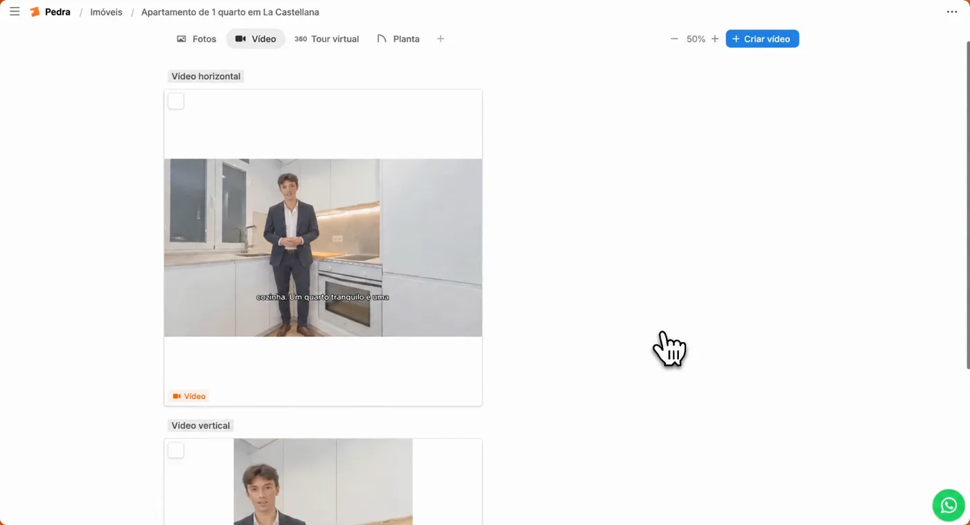 Os vídeos horizontal e vertical prontos, com o apresentador de IA na sala