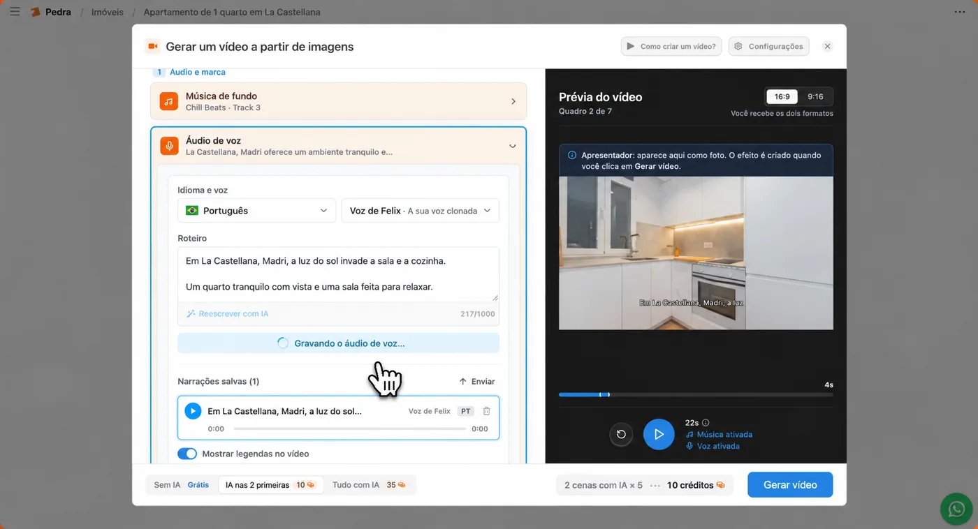 A etapa Áudio de voz com a voz clonada do corretor e o contador mostrando 2 cenas de IA vezes 5, ou seja, 10 créditos