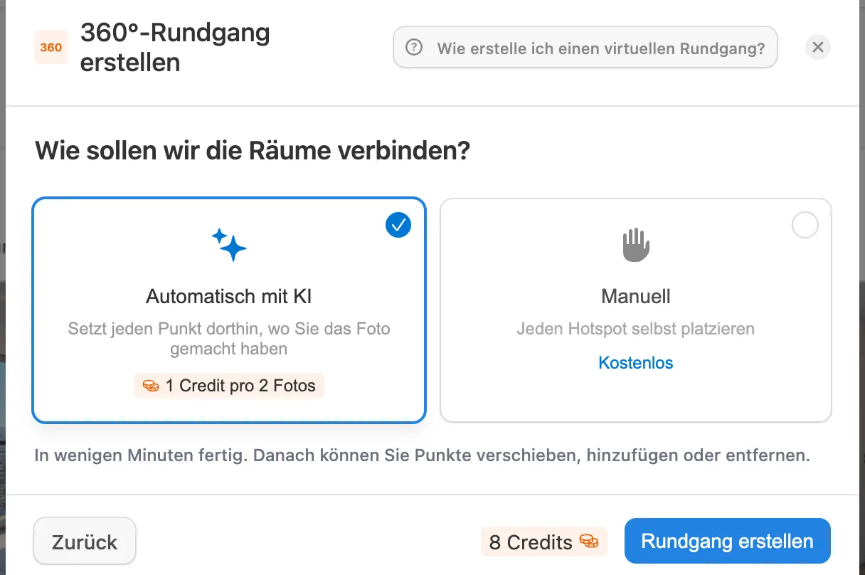 Auswahl der automatischen Verlinkung mit KI beim Einrichten des virtuellen Rundgangs in Pedra
