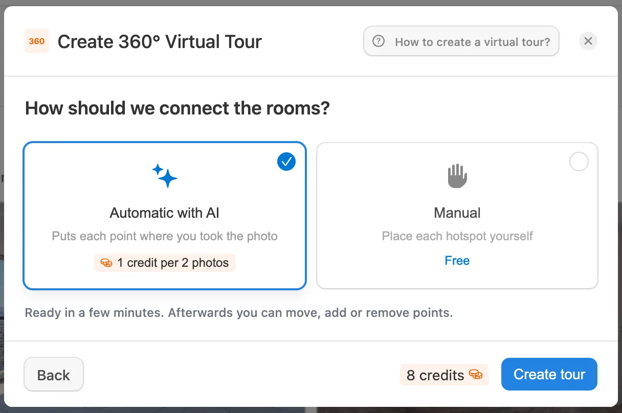 Choosing automatic linking with AI in Pedra's virtual tour setup