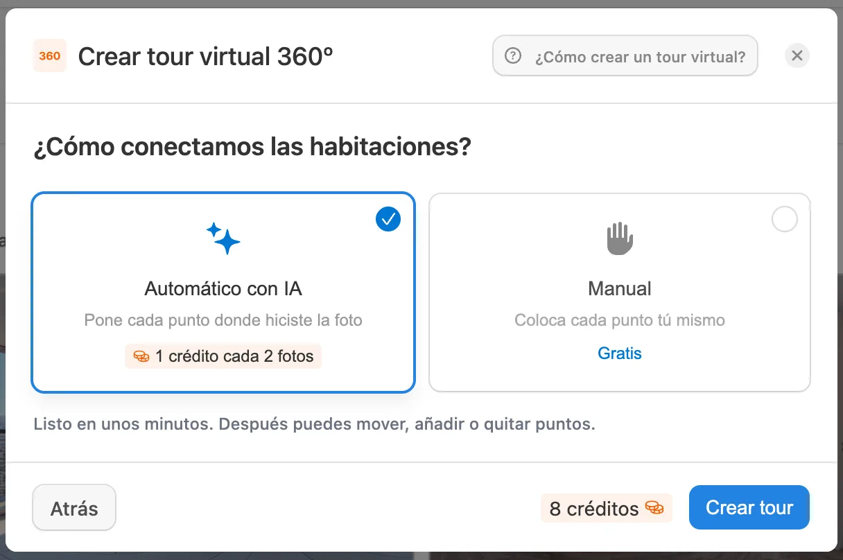 Elegir el enlazado automático con IA al configurar un tour virtual en Pedra