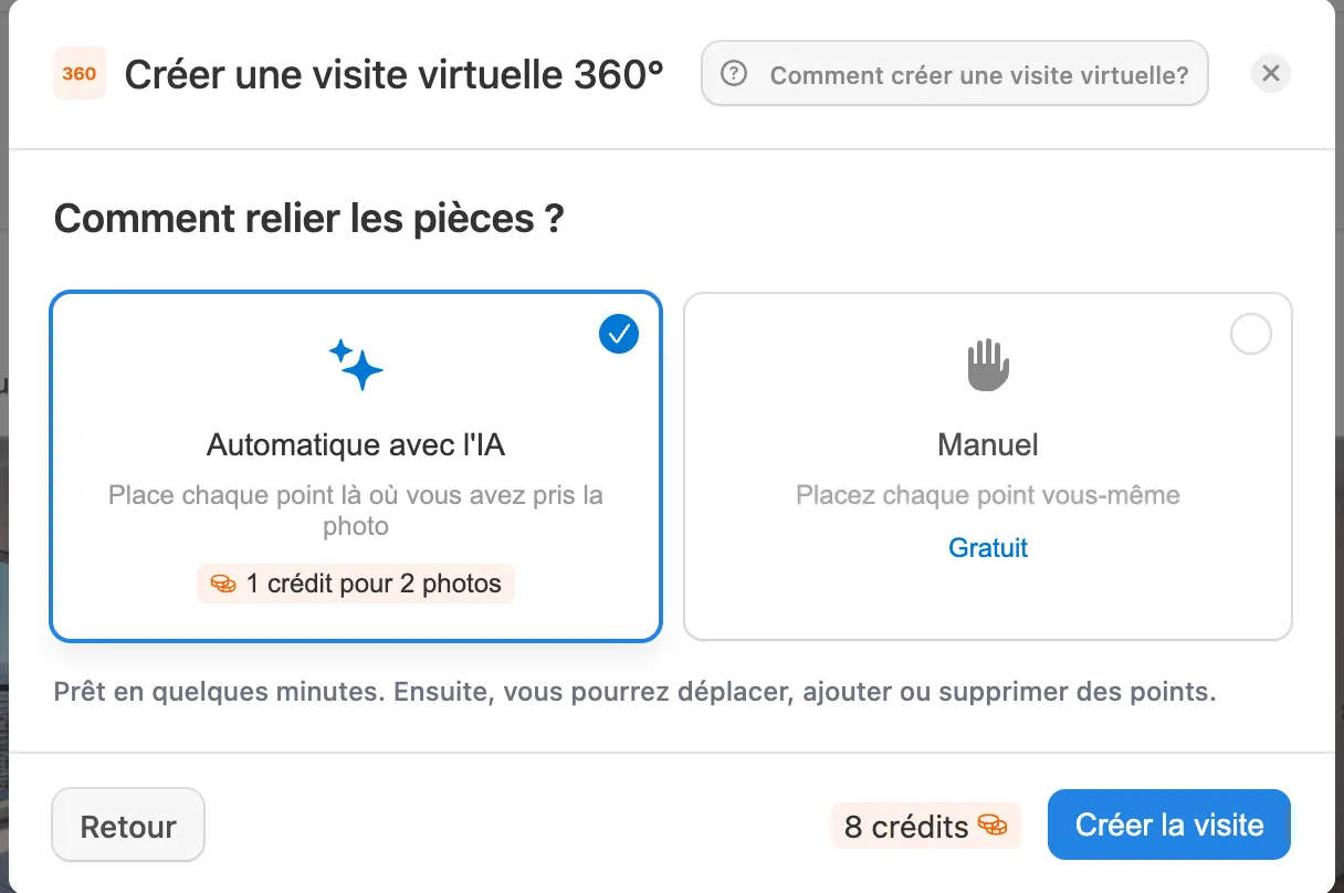 Choix de la liaison automatique avec l'IA dans la configuration de la visite virtuelle de Pedra