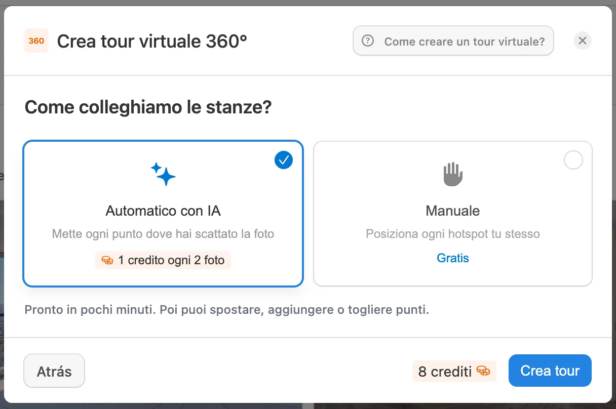 Scelta del collegamento automatico con IA nella configurazione del tour virtuale di Pedra