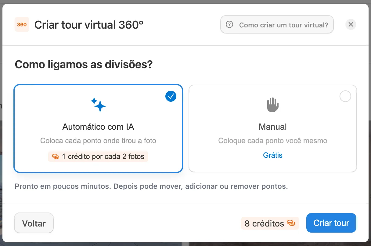 Escolher a ligação automática com IA na configuração do tour virtual no Pedra