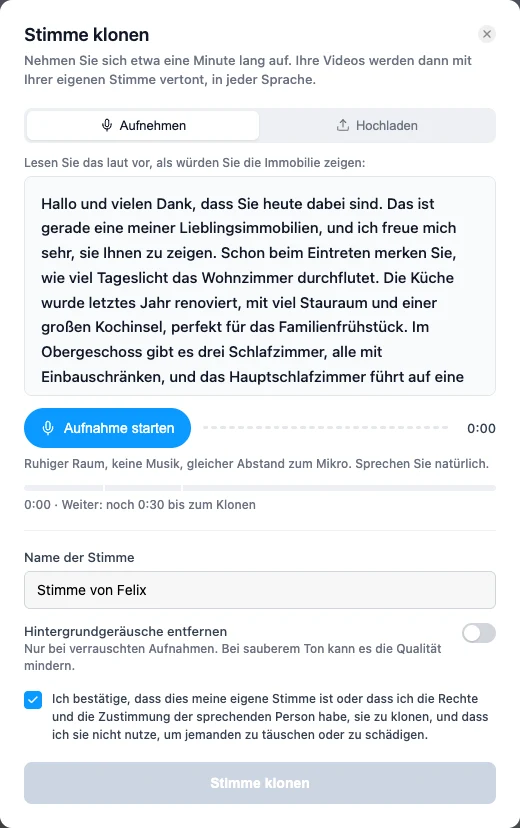 Die eigene Stimme zum Klonen aufnehmen