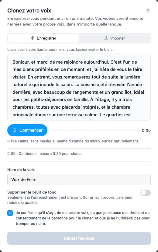 Enregistrer votre voix pour la cloner