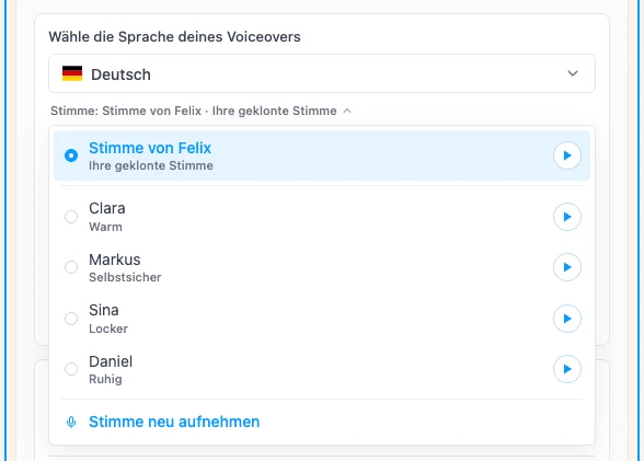Ihre geklonte Stimme als Voiceover ausgewählt