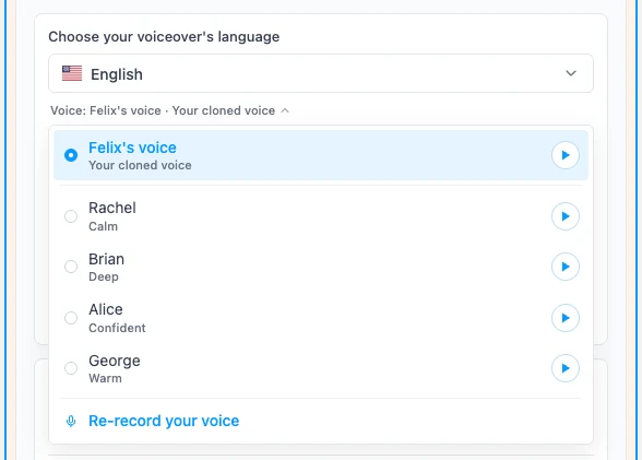 Your cloned voice selected for the voiceover