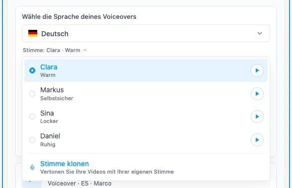 Die Stimmenliste mit der Option Stimme klonen