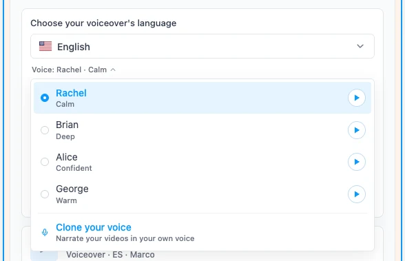The voice list with the Clone your voice option