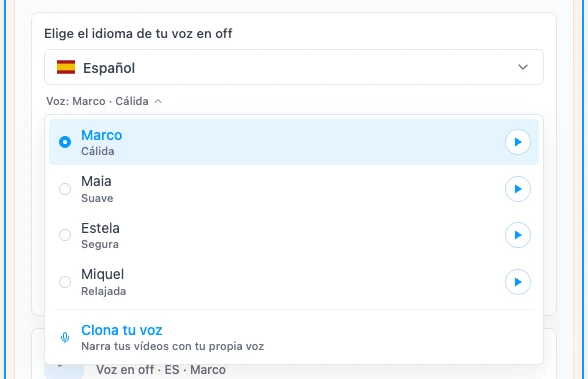 La lista de voces con la opción Clona tu voz
