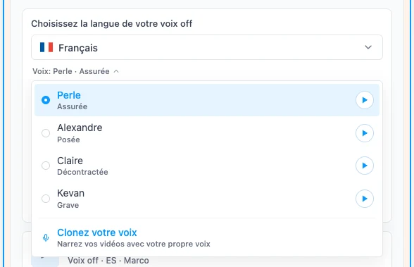 La liste des voix avec l'option Clonez votre voix