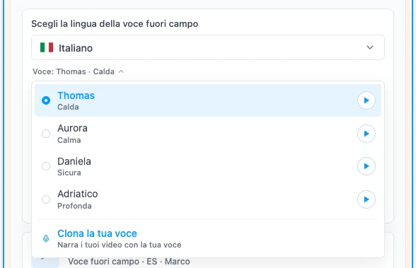 L'elenco delle voci con l'opzione Clona la tua voce