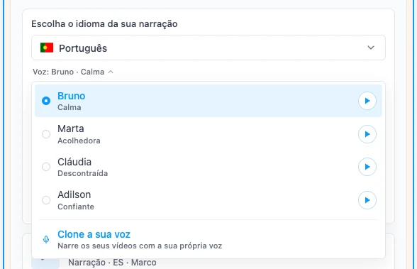 A lista de vozes com a opção Clone a sua voz