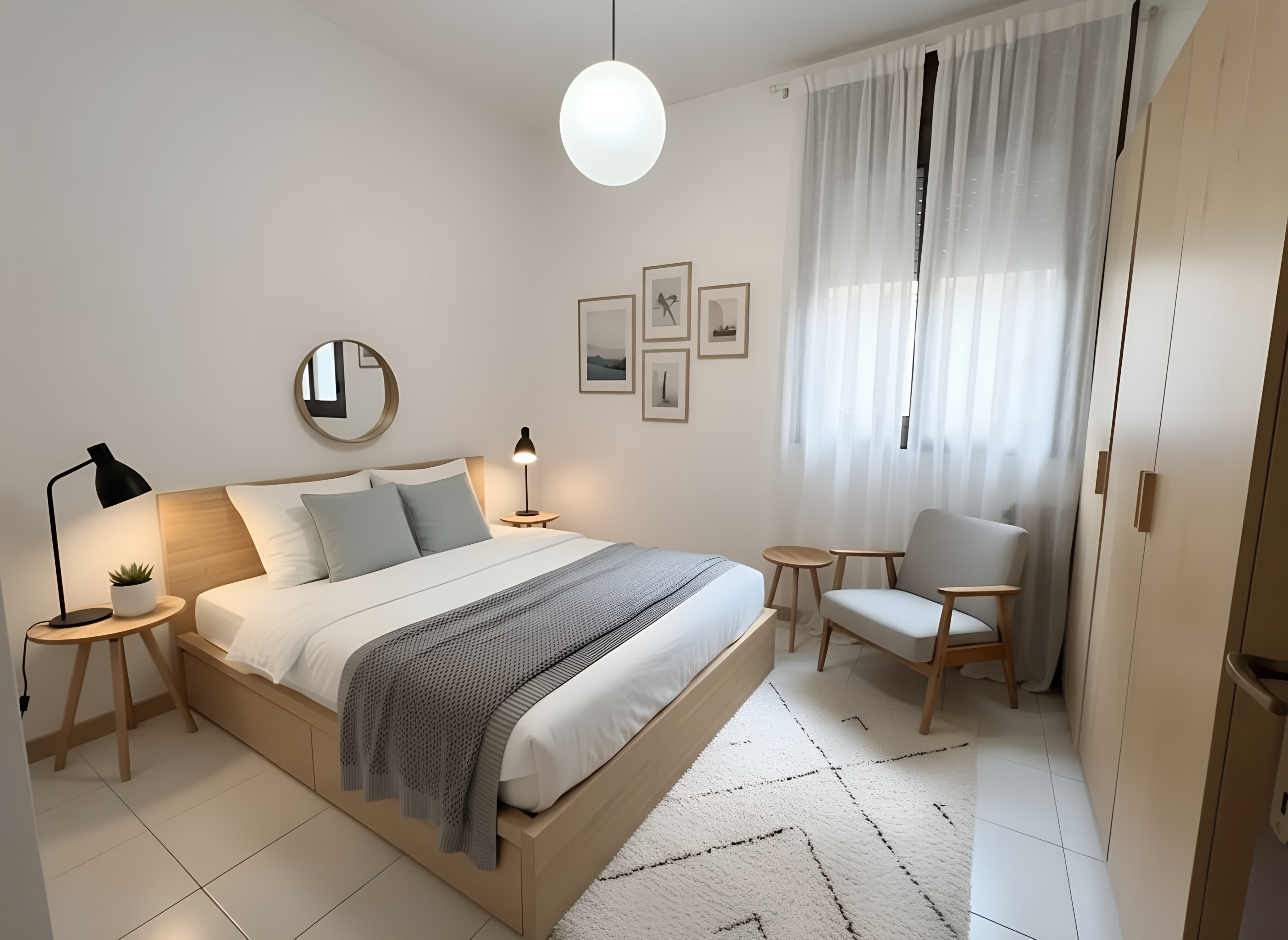 Después de la puesta en escena - dormitorio con madera clara y paleta neutra